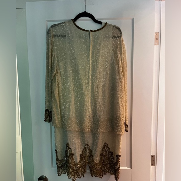 Vintage 💯 Silk Hand Beaded Dropped Waist Hand Beaded Midi Dress - Picture 3 of 10